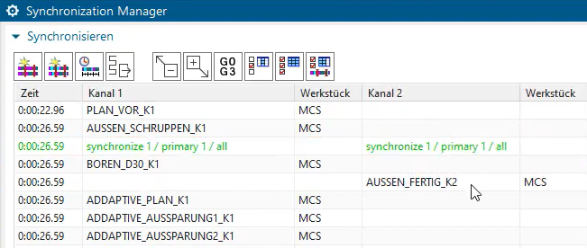 Sync-Ereignisse in NX CAM sichtbar als grüne Zeile Sync-Ereignisse in NX CAM sichtbar als grüne Zeile