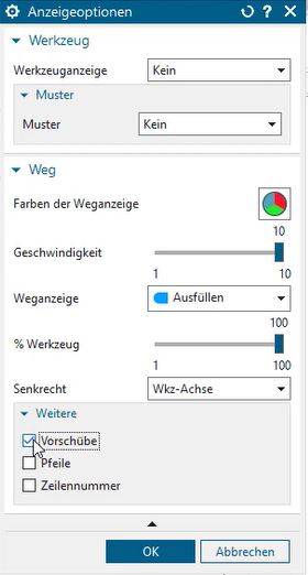 Anzeigeoptionen in NX CAM für Vorschübe