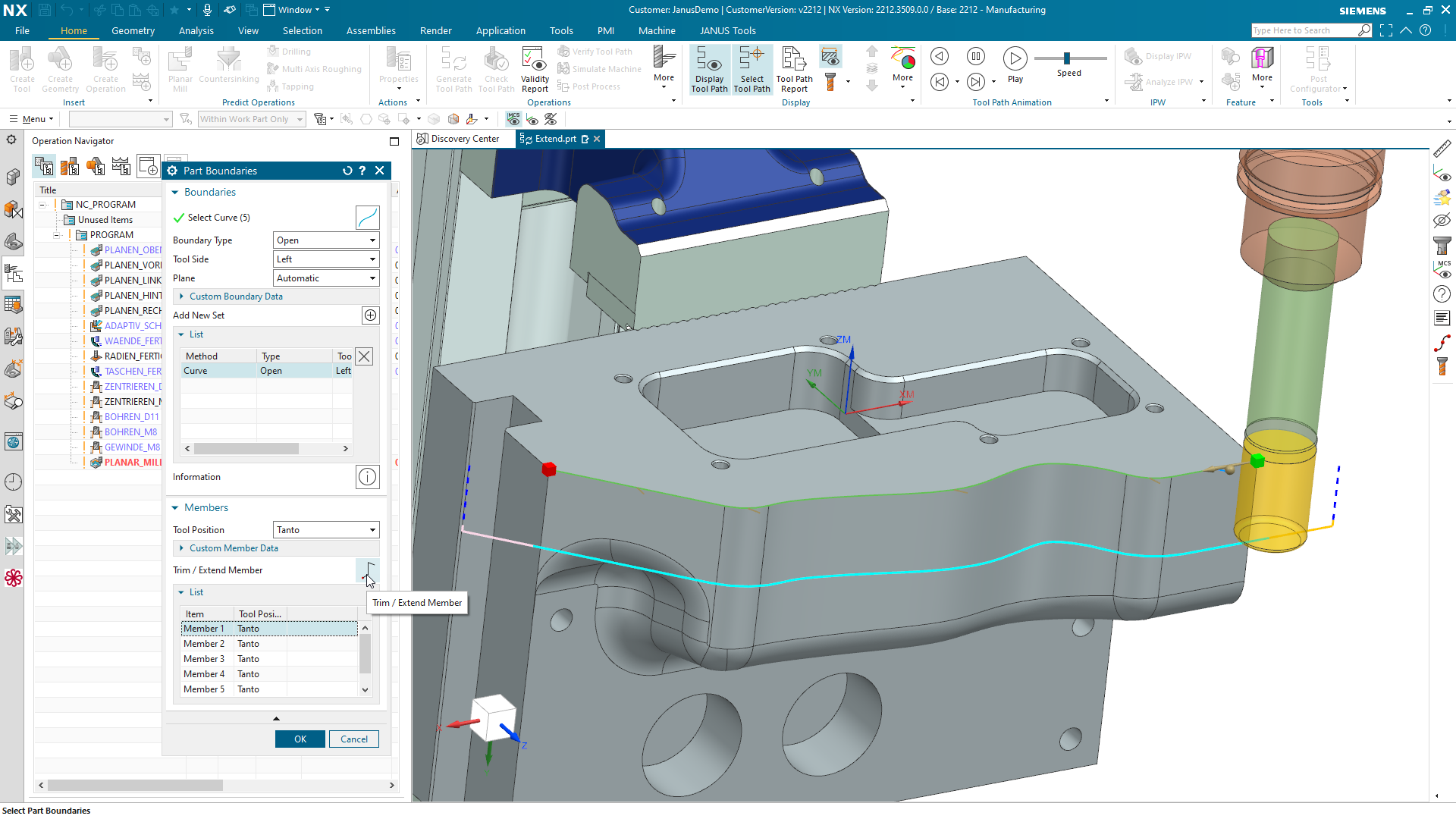 NX CAM Quicktip Trim or Extend Member